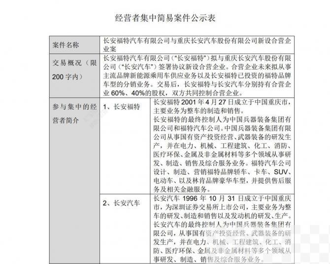 拟与长安汽车签署新设合营企业